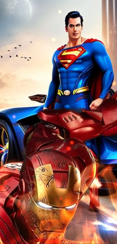 Superhero crossover scene with vibrant colors and action elements.