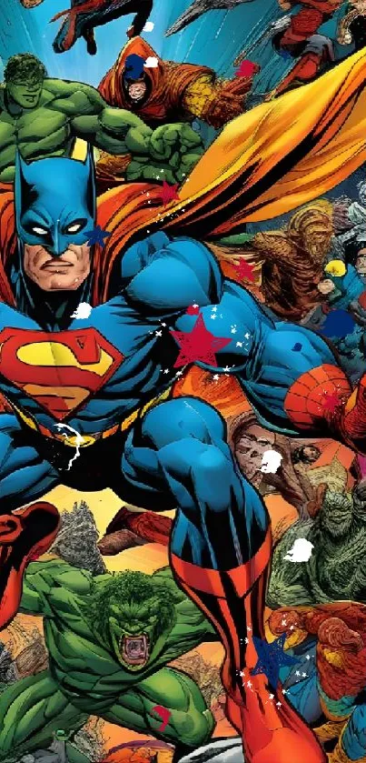 Epic superhero crossover with vibrant colors and dynamic action pose.