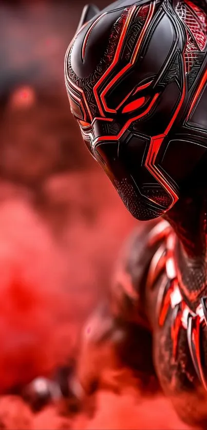 Superhero in a red and black armor with intense colors.