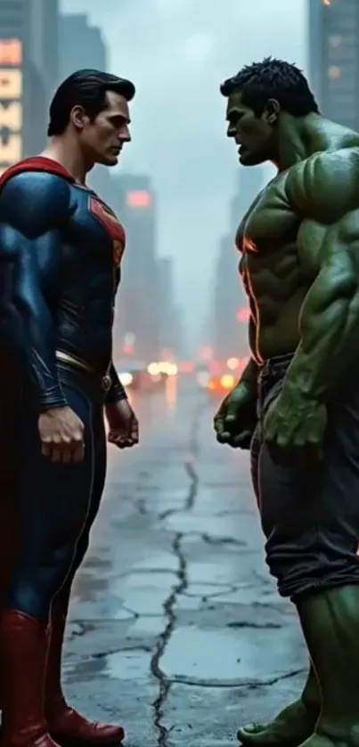 Two iconic superheroes face off in a dramatic urban setting.
