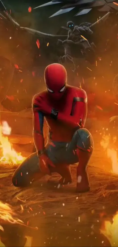 Superhero kneeling amid flames in dynamic action scene.