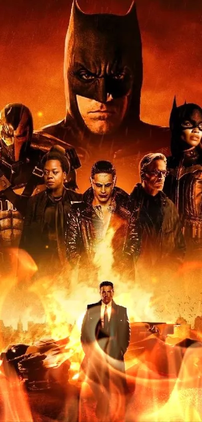 Superhero movie poster with orange-red fiery backdrop.