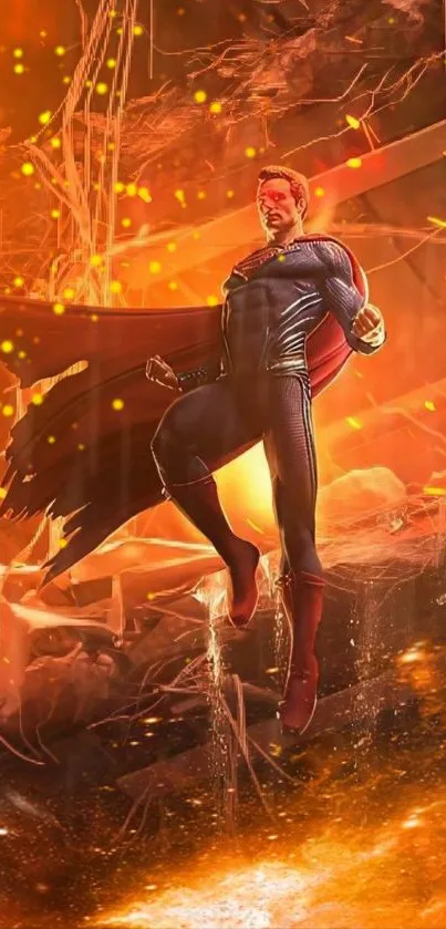 Epic superhero in fiery orange action scene wallpaper.