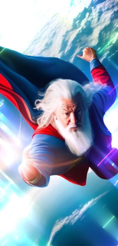 Superhero flying through a cosmic sky with vibrant streaks of color.
