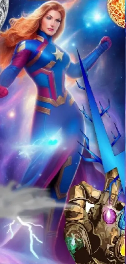 Epic superhero stands in a vibrant galaxy with cosmic elements on a mobile wallpaper.