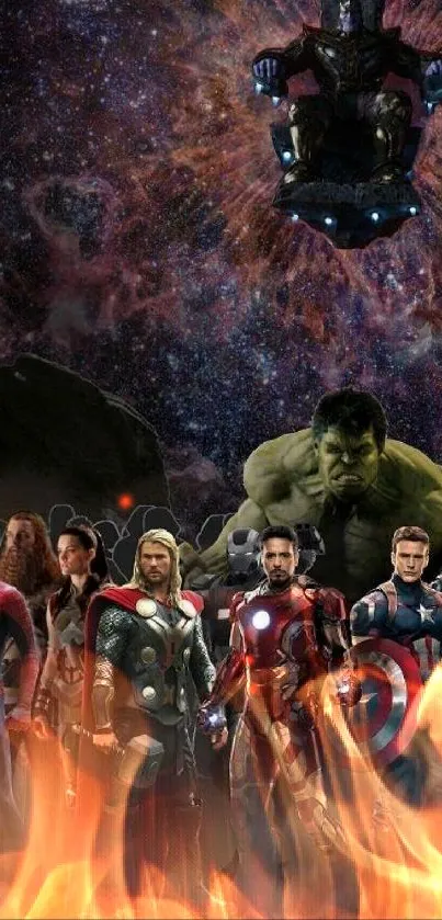 Epic superhero galaxy wallpaper with cosmic backdrop and character lineup.