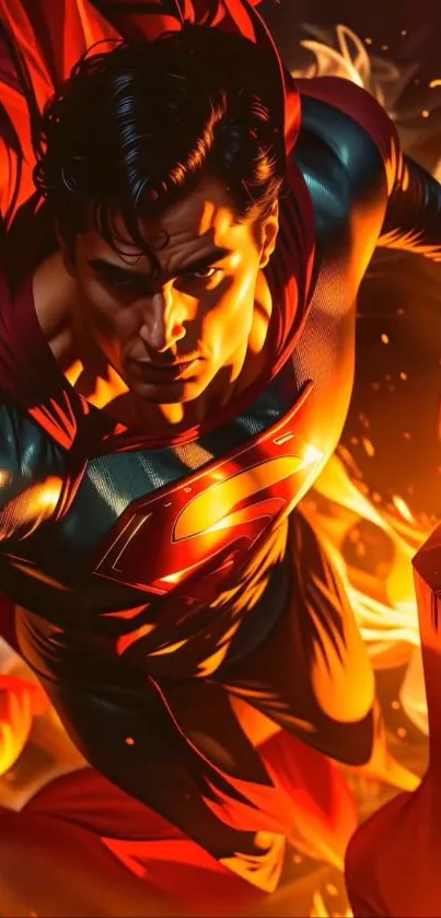 Epic superhero in action with fiery background.