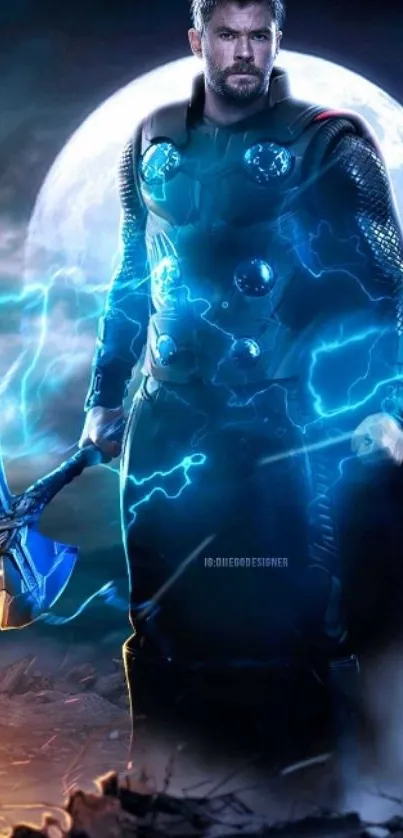 Epic superhero with lightning power in dark landscape wallpaper.