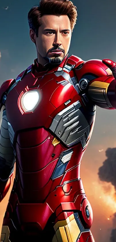 Iron Man in vibrant red armor striking a powerful pose against a dramatic sky.