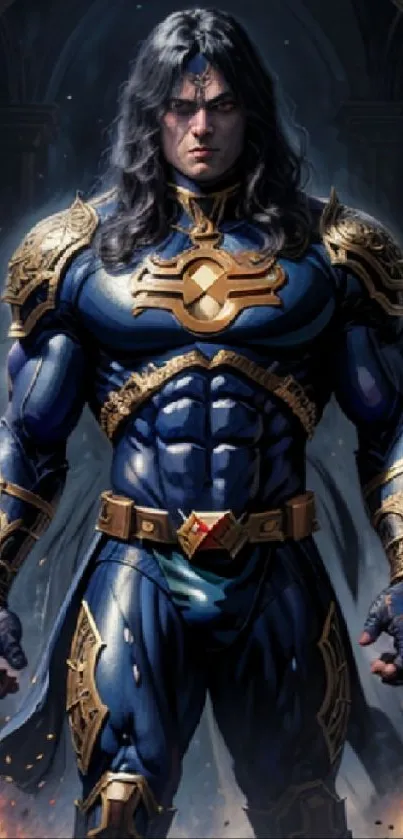 Epic superhero in blue and gold armor standing in a dramatic setting.