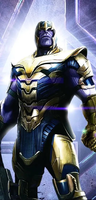 Superhero in battle armor with cosmic background.