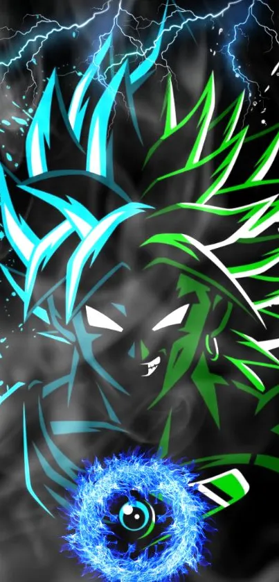 Neon superhero wallpaper with blue and green accents on a dark smoky background.