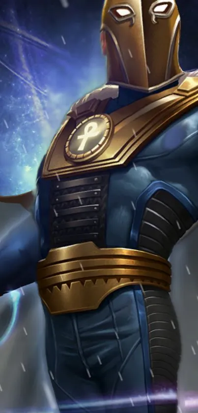 Superhero in blue and gold armor with cosmic background.