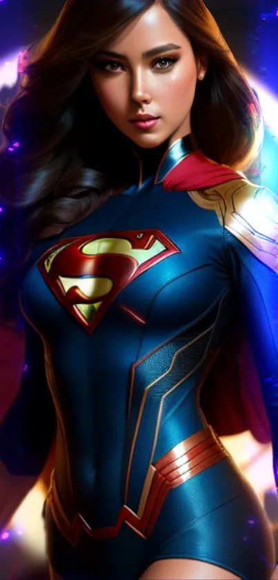 Heroic female superhero with vibrant colors and flowing cape as mobile wallpaper.