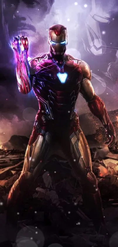 Superhero stands powerfully amidst a fiery, dark backdrop.