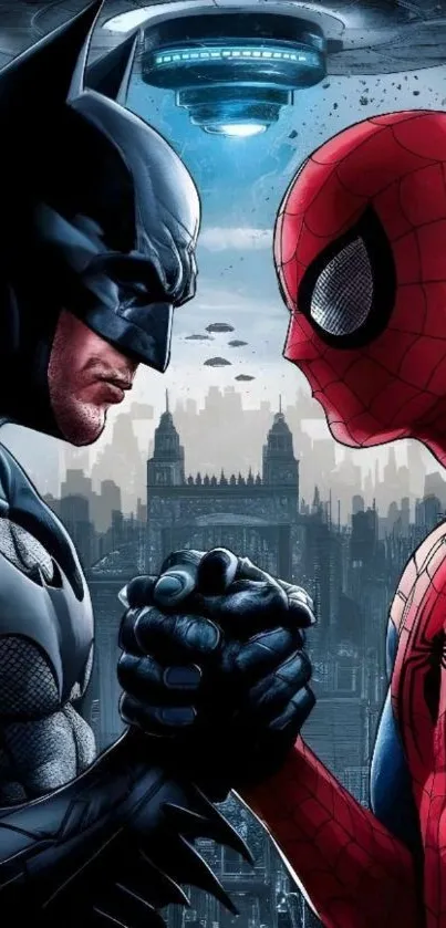 Epic superhero duel with city backdrop