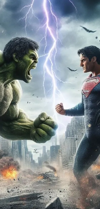 Superhero characters face off in a dramatic cityscape battle scene.