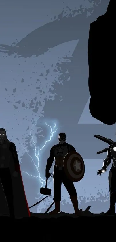 Silhouetted superheroes with lightning backdrop on dark mobile wallpaper.