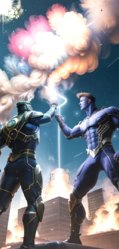 Two superheroes face off amidst dramatic clouds and city backdrop.