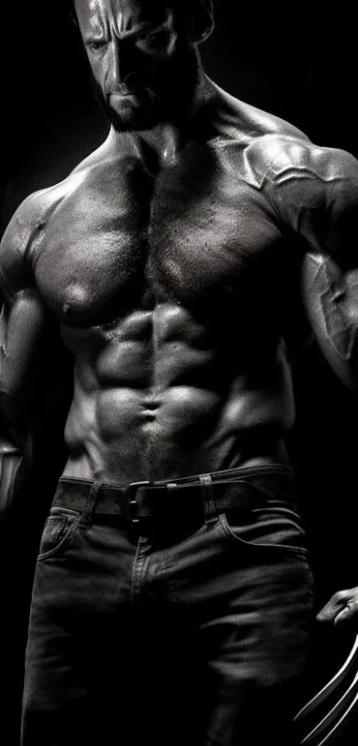 Muscular superhero posing with claws and intense energy on a dark background.