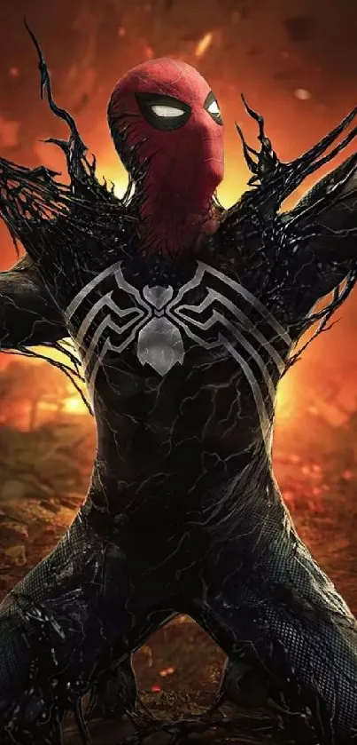 Spider-Man in Venom suit against fiery backdrop.