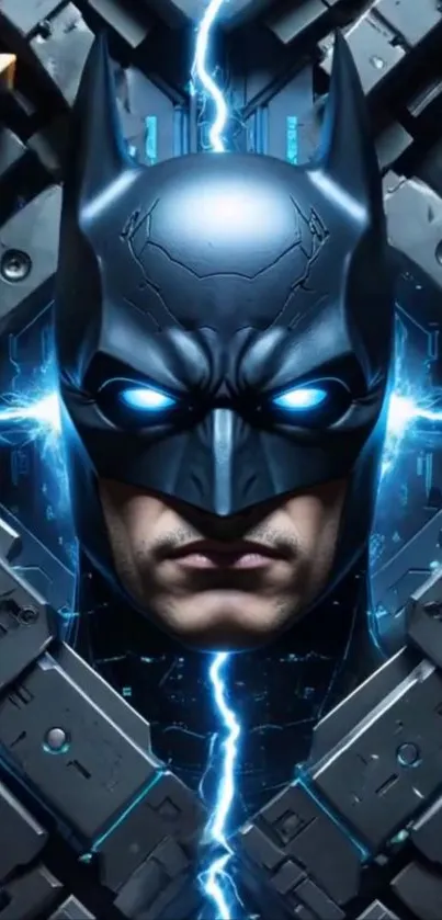 Superhero face with tech and lightning effects.