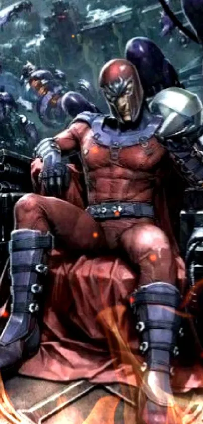 A superhero in red armor sits on a metallic throne in a dynamic, futuristic setting.