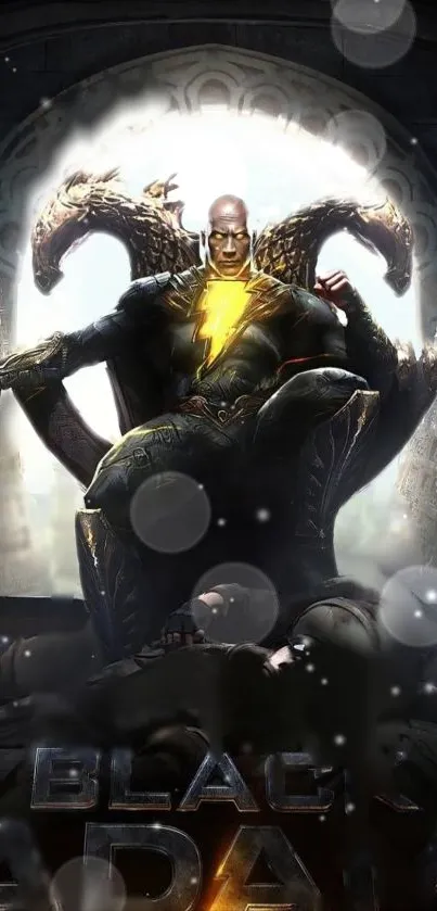 Superhero seated on a throne with glowing emblem and dark background.