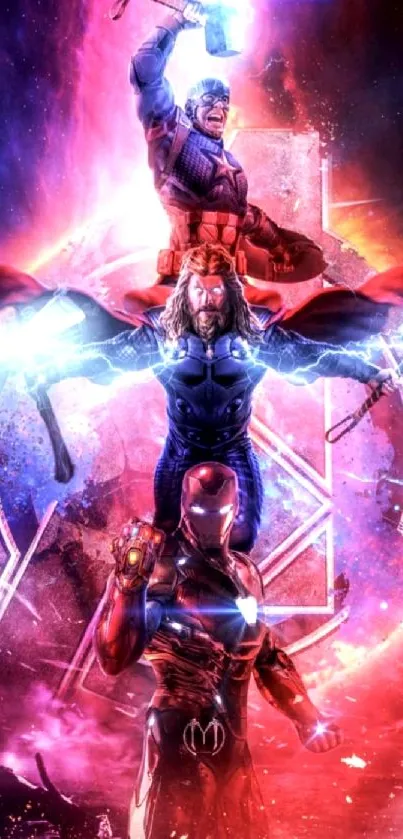 Epic superhero trio in cosmic background.