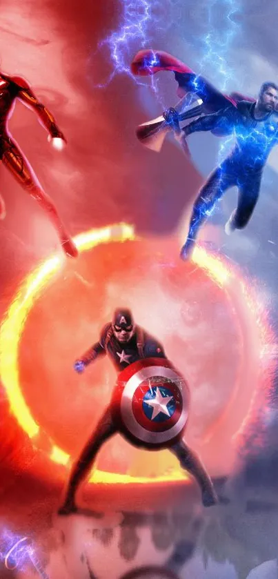 Epic superhero trio in action wallpaper for mobile phones.