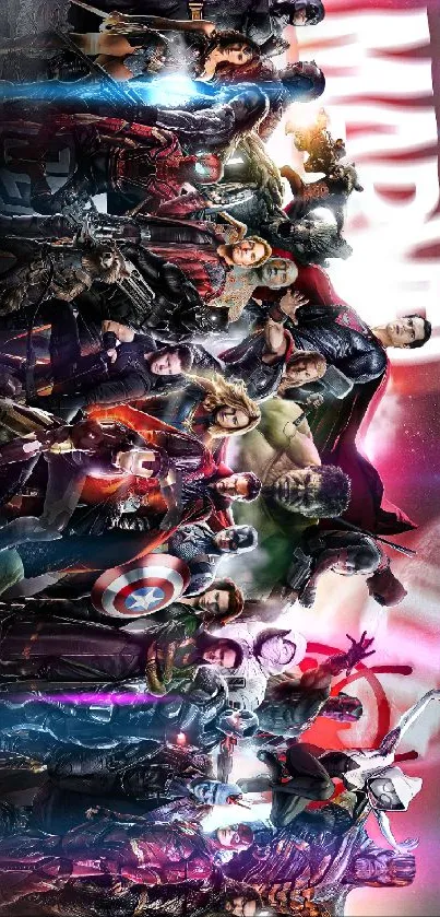 Dynamic superhero-themed mobile wallpaper featuring iconic characters.