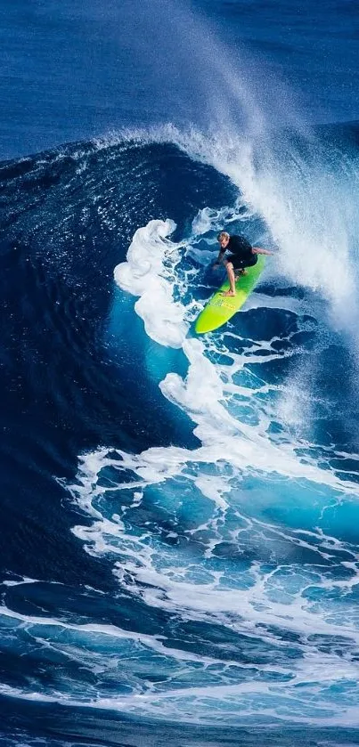 Vibrant mobile wallpaper of a surfer riding a giant blue ocean wave.