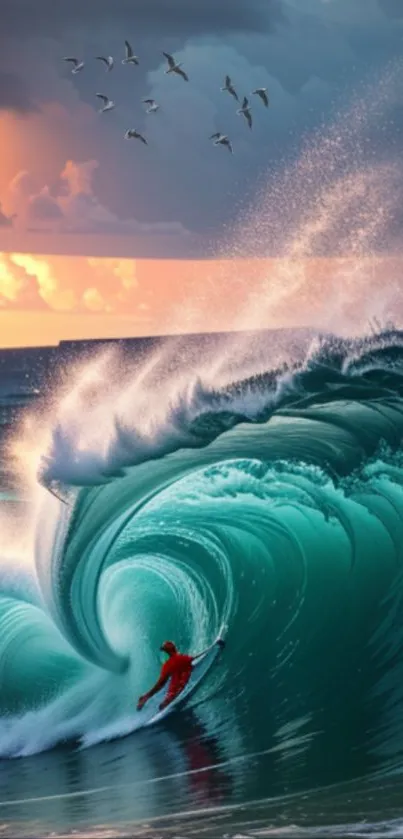 Surfer riding a teal wave at sunset with birds overhead.