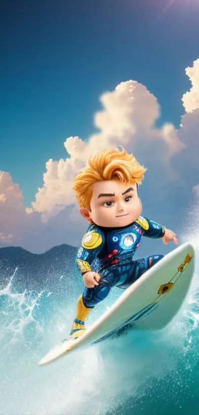 Cartoon surfer rides vibrant ocean wave under sunny sky.