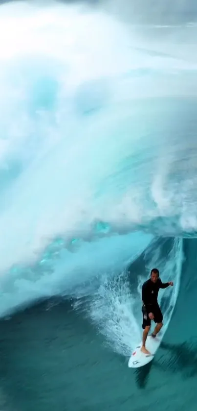 Surfer conquering a massive ocean wave with dynamic awe-inspiring motion.