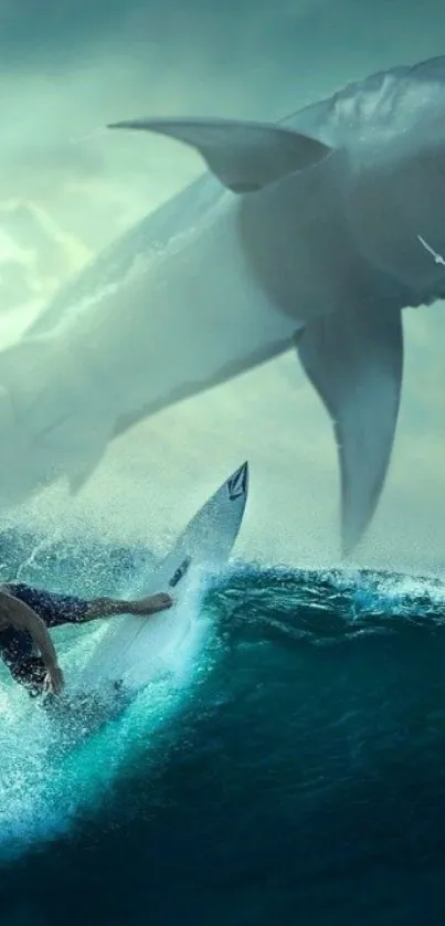 Surfer rides wave beneath enormous shark in thrilling scene.