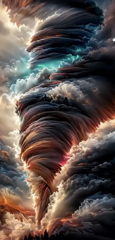 Intricate swirling cloud vortex with vibrant colors across dark sky.