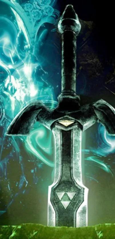 Epic sword with mystical glow and green base.
