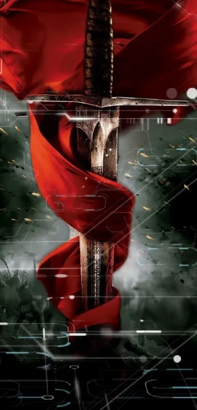 Sword wrapped in red fabric with digital background.