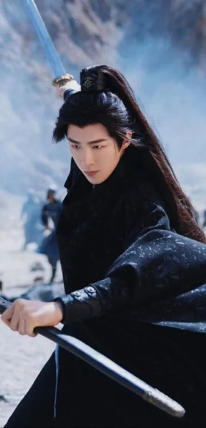 Warrior poised with sword against a dramatic mountainous backdrop.
