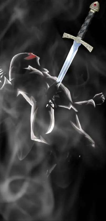 Mysterious figure with sword in smoke.