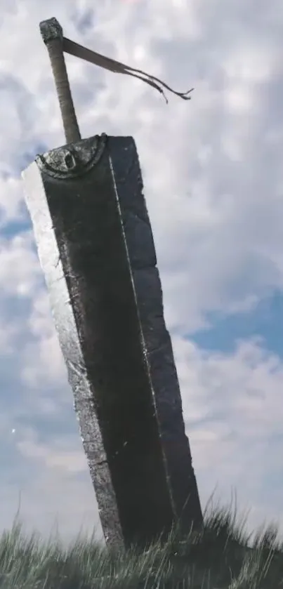 Epic sword in grassy landscape under a cloudy sky.