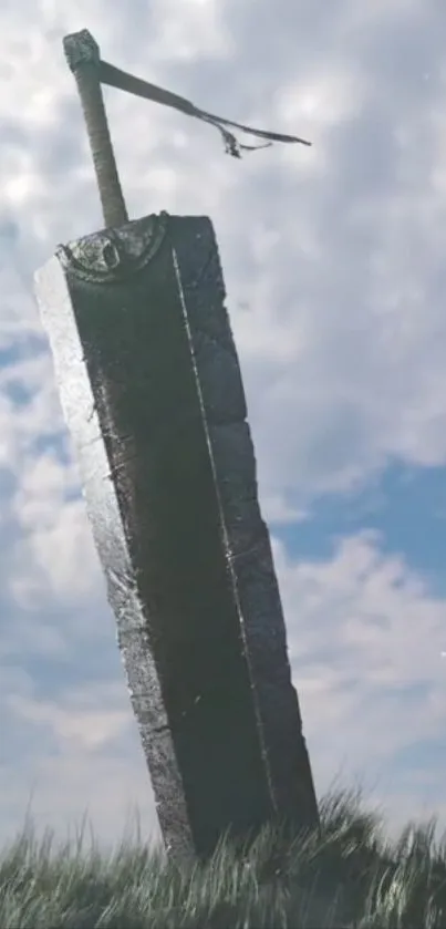 Epic sword standing against a blue sky.