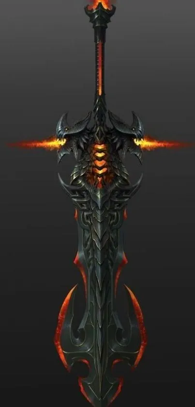 Epic sword with fiery accents on a dark background, perfect for phones.