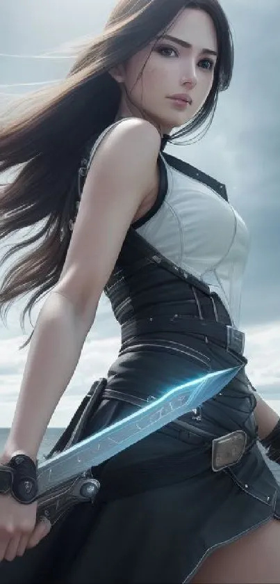 A powerful female warrior holding a glowing sword against a cloudy sky.