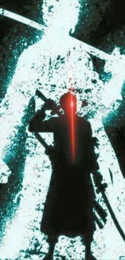 Silhouette of a sword-wielding warrior with glowing teal blue background.