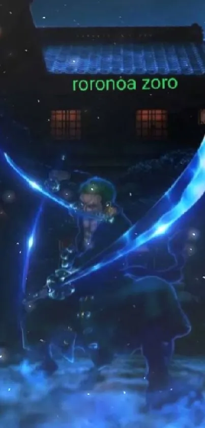 Anime swordsman with neon blue effects in a dynamic pose.