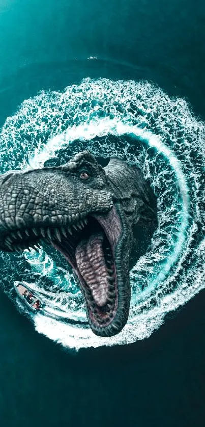 T-Rex emerging from the ocean, surrounded by swirling waves, a stunning wallpaper design.