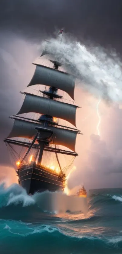 Majestic tall ship braving the ocean storm under dramatic skies.