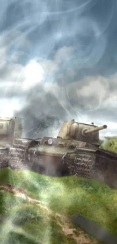 Epic tank battle scene with smoke and dramatic sky.